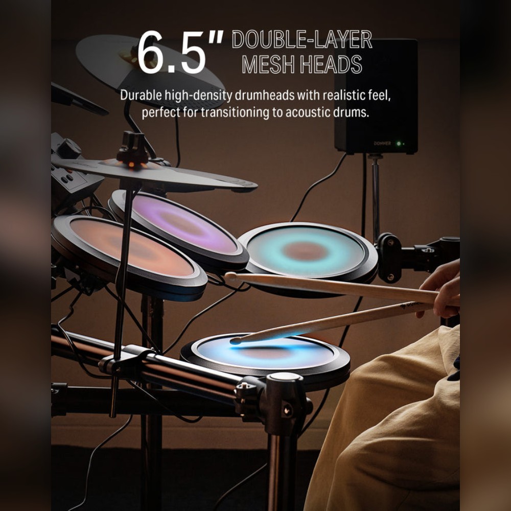 מערכת תופים אלקטרונית Donner DED-70L עם תאורת LED — חבילה מלאה עם כסא, אוזניות ומקלות 6 פדי Mesh דו-שכבתיים 6.5 אינץ' ב-Donner DED-70L
