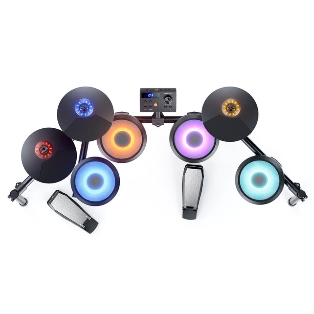 מערכת תופים אלקטרונית Donner DED-70L עם תאורת LED — חבילה מלאה עם כסא, אוזניות ומקלות 3 Donner DED-70L מבט מלמעלה — פדים ומצילות מוארים בצבעים