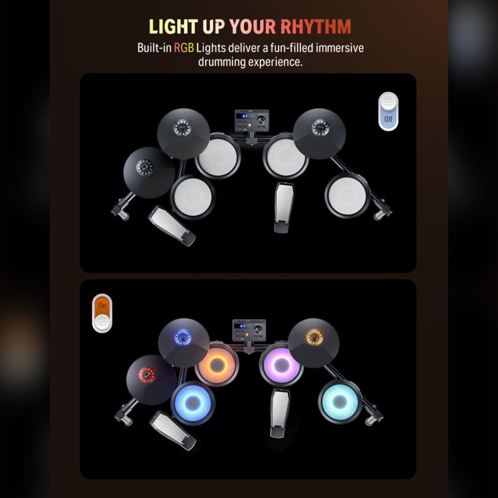 מערכת תופים אלקטרונית Donner DED-70L עם תאורת LED — חבילה מלאה עם כסא, אוזניות ומקלות 4 תאורת RGB ב-Donner DED-70L — כבויה ודולקת בלחיצת כפתור