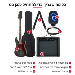 ערכת גיטרה בס למתחילים – בס שחור מט בסגנון P עם מגבר 20W ואביזרים