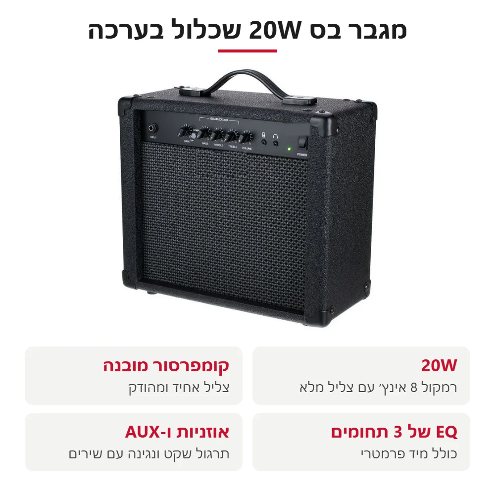 ערכת גיטרה בס למתחילים – בס שחור מט בסגנון P עם מגבר 20W ואביזרים 6 מגבר בס 20W עם רמקול 8 אינץ׳, קומפרסור, EQ ויציאת אוזניות