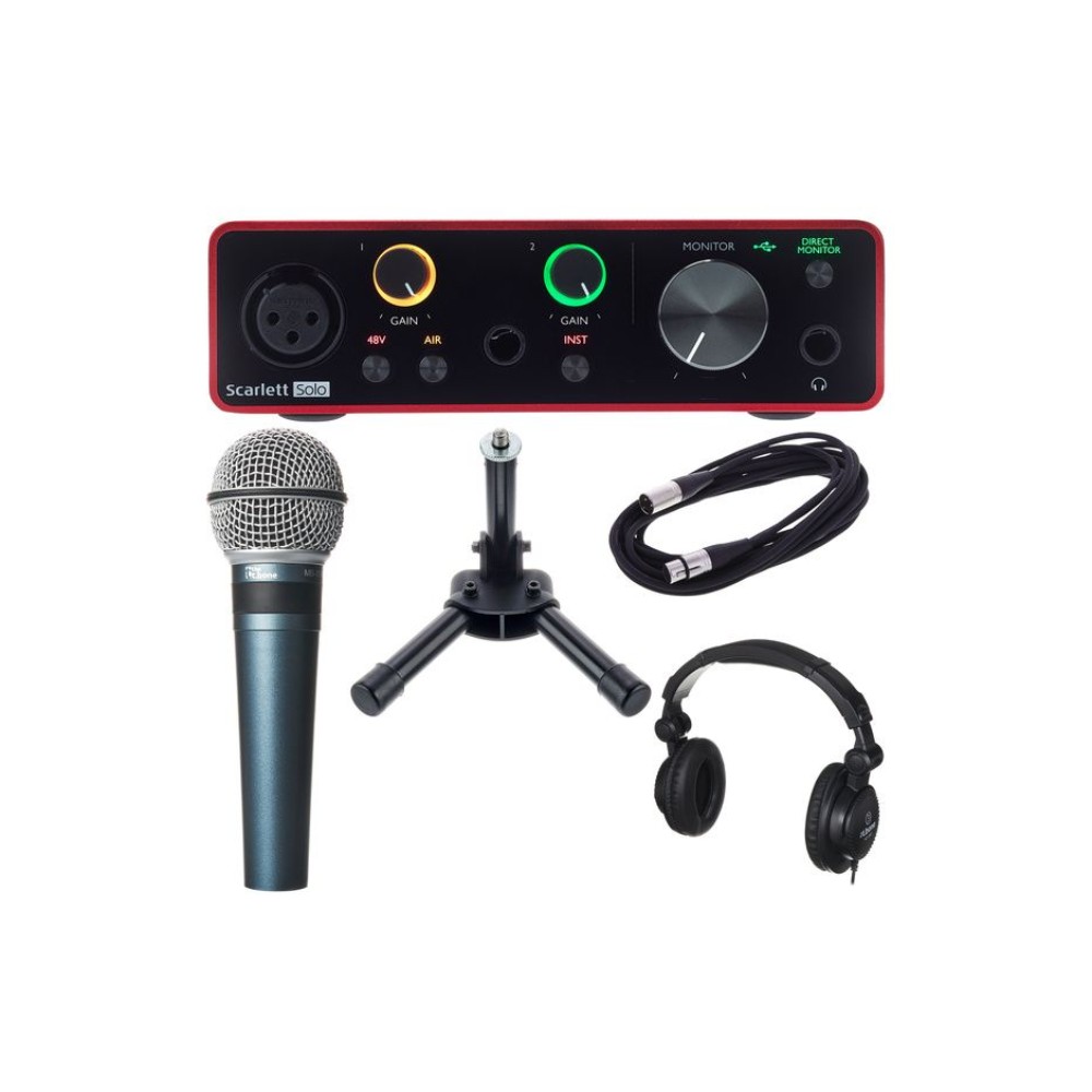 ערכת פודקאסט Focusrite Scarlett Solo דור 3 – כרטיס קול, מיקרופון דינמי, אוזניות ומעמד 1 ערכת פודקאסט Focusrite Scarlett Solo דור 3 — כל רכיבי הערכה