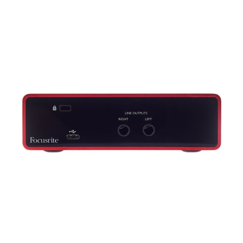 ערכת פודקאסט Focusrite Scarlett Solo דור 3 – כרטיס קול, מיקרופון דינמי, אוזניות ומעמד 4 גב כרטיס הקול Scarlett Solo — יציאות ליין ו-USB-C