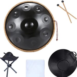 הנדפאן שחור 22 אינץ׳ בסולם D Kurd – 9 צלילים, כיוון 440Hz, נירוסטה, כולל תיק, סטנד ומקלות