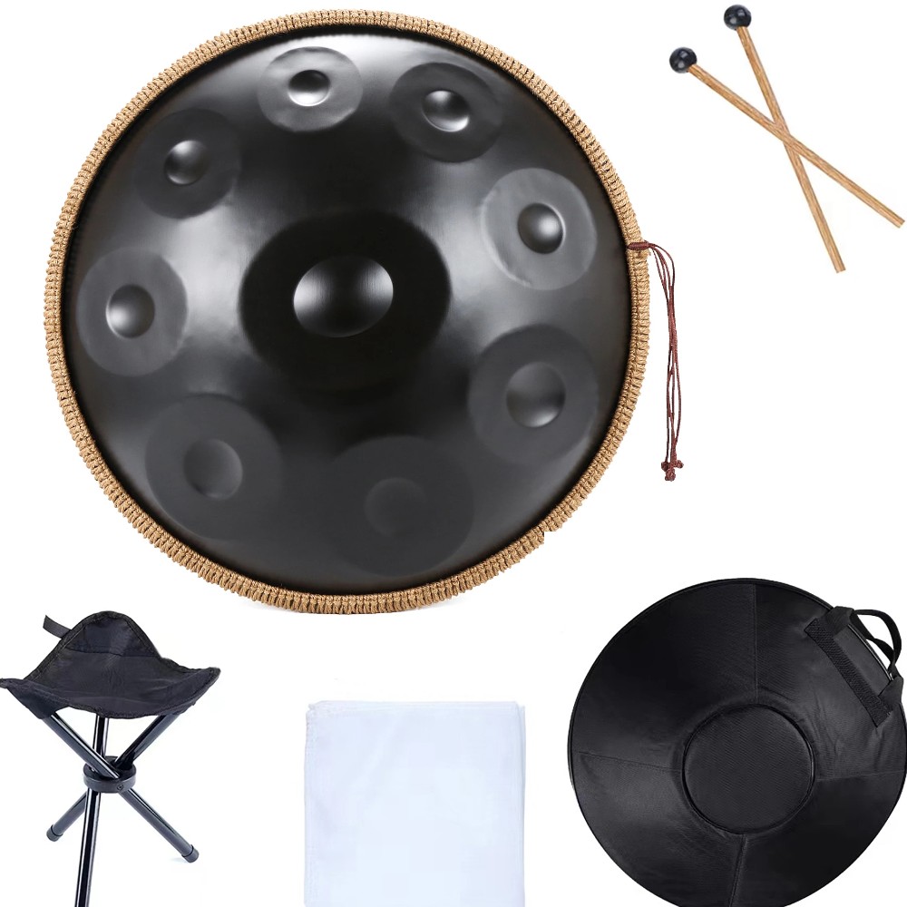 הנדפאן שחור 22 אינץ׳ בסולם D Kurd – 9 צלילים, כיוון 440Hz, נירוסטה, כולל תיק, סטנד ומקלות 2 הנדפאן שחור D Kurd עם תיק נשיאה, סטנד מתקפל, זוג מקלות ומטלית ניקוי