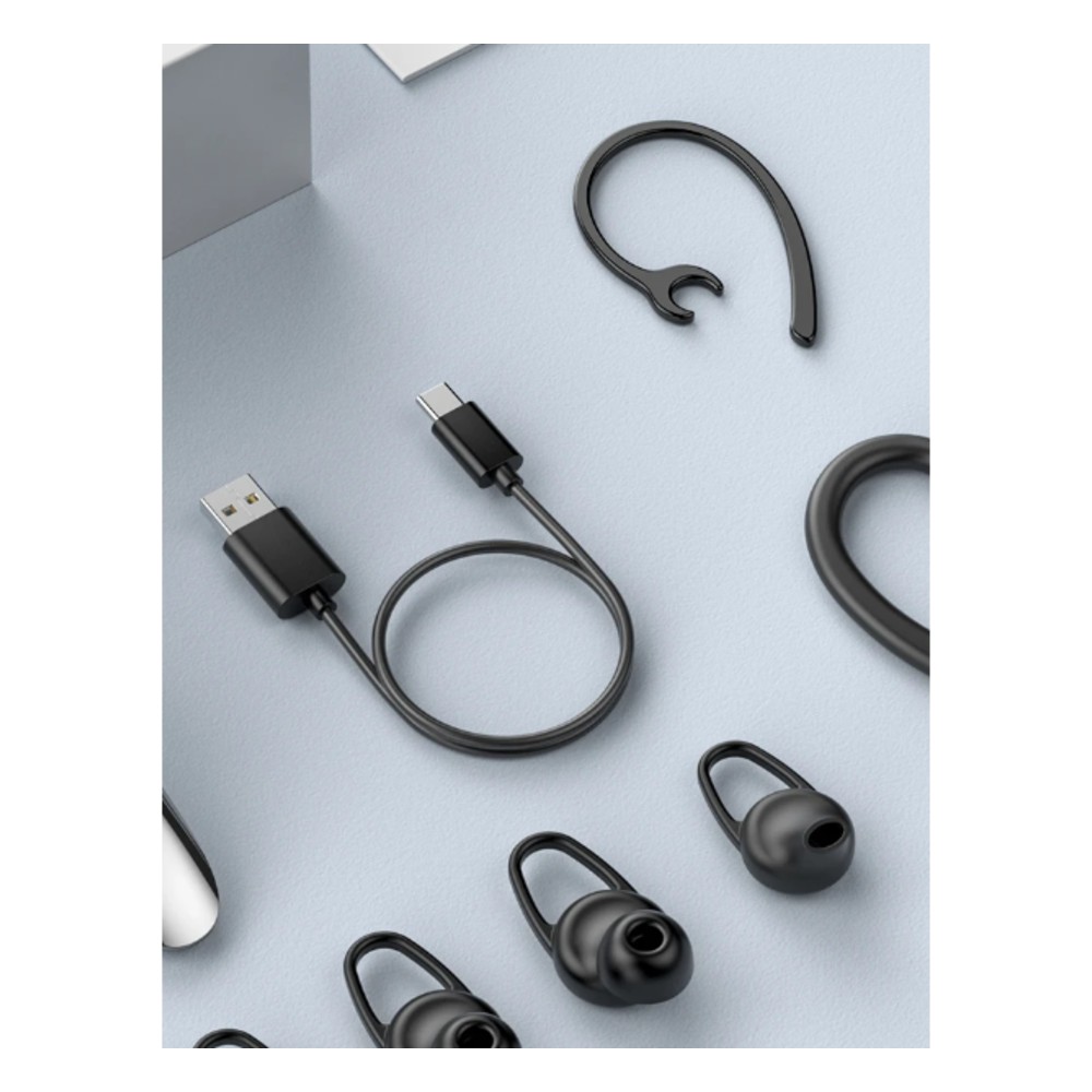 אוזניית Bluetooth לשיחות עם 2 מיקרופונים וסינון רעשים – כפתור השתקה, עד 20 שעות שיחה, טעינת USB-C 3 אביזרים באריזה – כבל טעינה USB-C, וו אוזן ו-3 מידות כריות