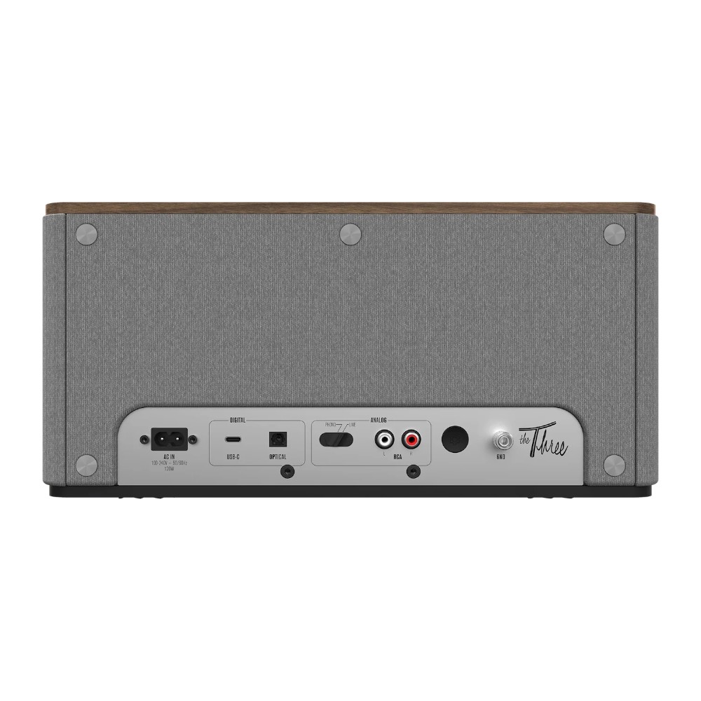 רמקול בלוטוס Klipsch The Three Plus אגוז – 120W, כניסת פונו לפטיפון 3 רמקול בלוטוס Klipsch The Three Plus אגוז – פאנל החיבורים האחורי – USB-C, אופטי ו-RCA עם בורר Phono/Line