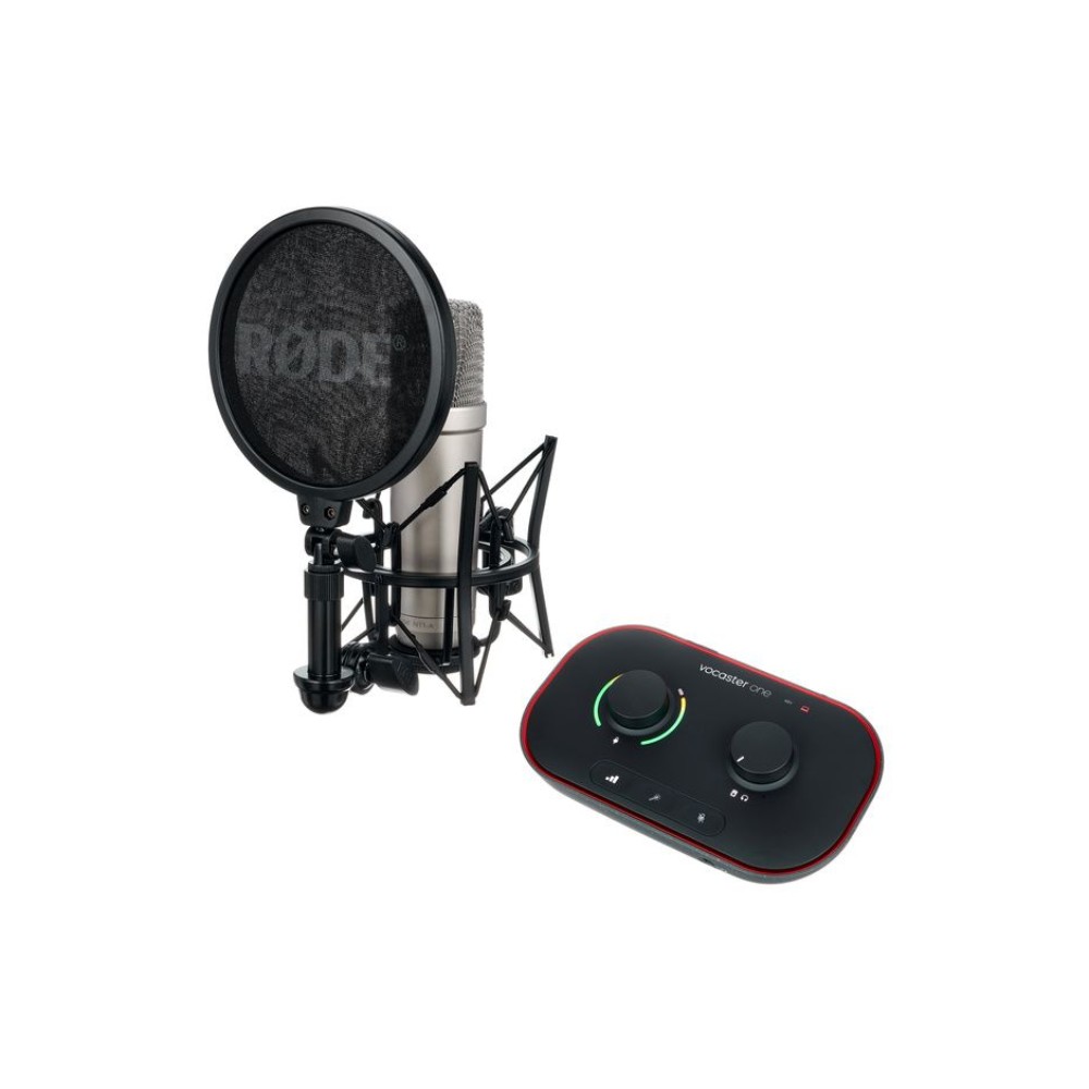 מיקרופון Rode NT1-A + כרטיס קול Focusrite Vocaster One – חבילת הקלטת שירה ופודקאסט 1 חבילת הקלטה Rode NT1-A עם כרטיס קול Focusrite Vocaster One