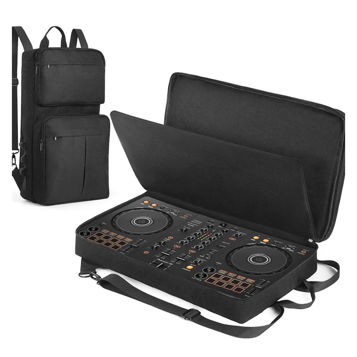 תיק גב לקונטרולר DJ מותאם ל-DDJ-FLX4 ו-DDJ-400 – מרופד, 2 ב-1 עם כיסי אביזרים 1 תיק גב מרופד לקונטרולר DJ פתוח עם קונטרולר DDJ-FLX4 בפנים, לצד מצב תיק גב